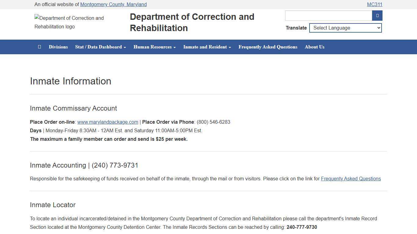 Inmate Information Department of Correction and Rehabilitation, Montgomery County Maryland